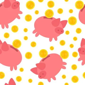 Piggy bank seamless pattern. Falling gold dollar coins and cartoon pink pig Stock Illustration