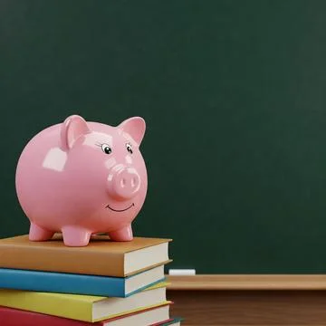 A piggy bank on a stack of books on in front of a classroom blackboard  Stock Photos