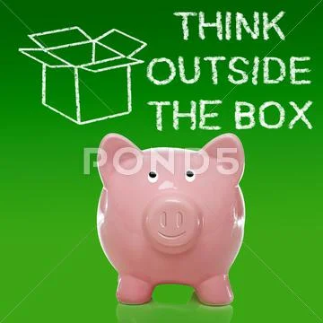 Piggy bank with thinking outside the box theme Stock Photos