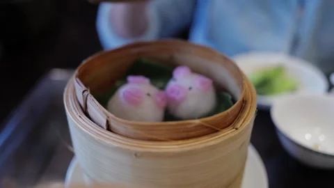 Piggy Shaped Dumpling Dim Sum 4K NoAudio Stock Footage 339364468