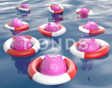 Piggybanks on lifesavers showing monetary help Stock Illustration