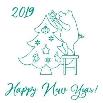 Piglet decorates the Christmas tree. Stock Illustration