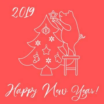 Piglet decorates the Christmas tree. Stock Illustration
