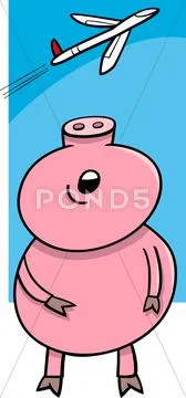 Piglet looking at plane cartoon Stock Illustration