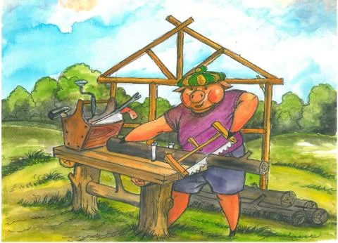 The piglet is sawing a board. Stock Illustration