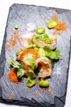 Piglet scallops and prawns. Foto stock