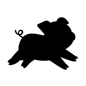 Piglet silhouette with curly tail. Simple black pig vector icon for farm logos Stock Illustration