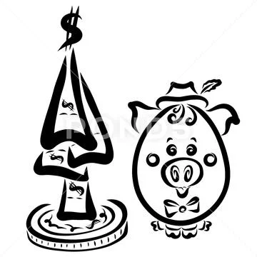 A piglet with a tie and a hat with a feather sitting next to a tree of money Stock Illustration