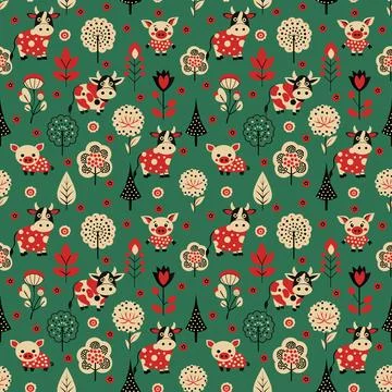 Piglets and cows in the meadow pattern Stock Illustration