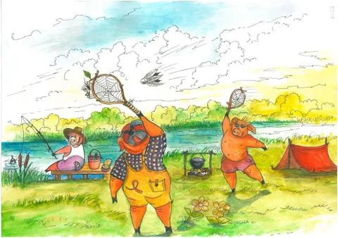 Piglets play by the river. Stock Illustration