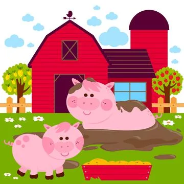 Pigs at the farm in a mud puddle. Vector illustration Ilustração Stock