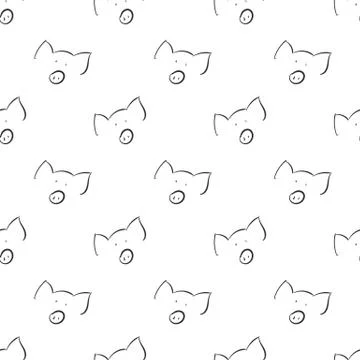 Pigs Outline Simple Seamless Pattern on White Background Stock Illustration