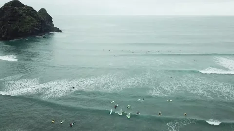 Piha Beach- Ariel Drone Pull back at South Piha Beach Stock Footage 208874587