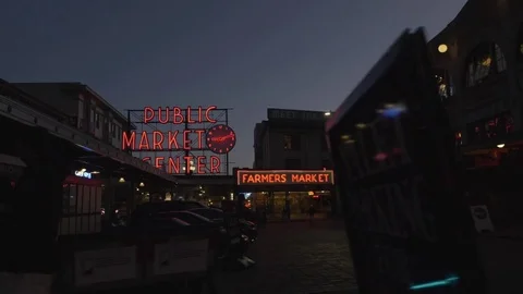 Pike Place Main Sign Dolly Walk Night Time Seattle Stock Footage