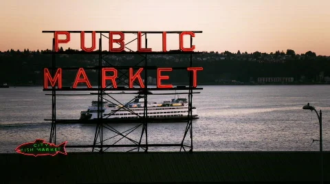 Pike Place Market sign with ferry boat, Seattle Stock Footage