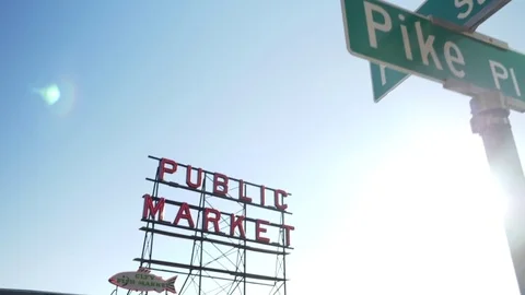Pike Place Public Market Sign with Street Sign and Person Stock Footage