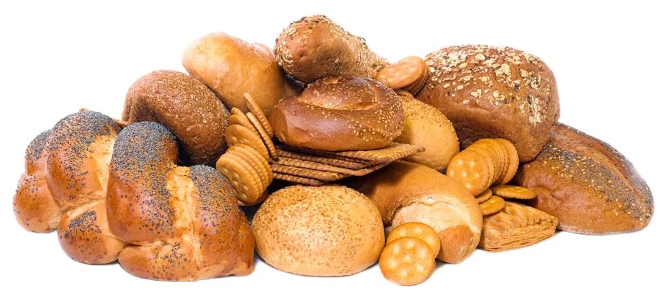 Pikelets, breads and biscuits isolated on white background. Stock Photos