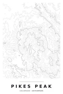 Pikes Peak Topographic Contour Map, Black Lines on White, Editable Vector Stock Illustration