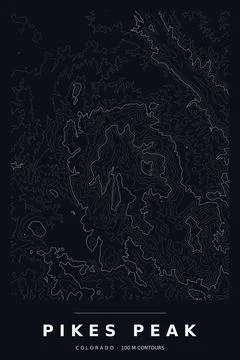 Pikes Peak Topographic Contour Map, White Lines on Black, Editable Vector Stock Illustration