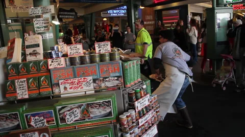 Pikes Place Fish Market Throwing Halibut 2 Stock Footage 39406653