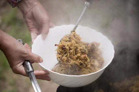 Pilaf, cooked outdoors Stock Photos