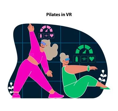 Pilates in VR. Serene virtual sessions enhancing core strength and flexibility. Stock Illustration
