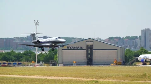 Pilatus PC-24 private jet EC-NRA landing at Madrid airport Video stock 337799121