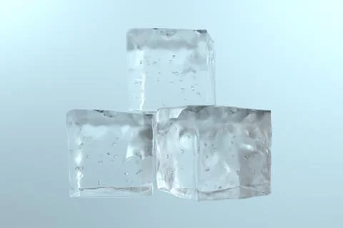 Pile of 3 blue ice cubes isolated on a white table Illustrazione stock