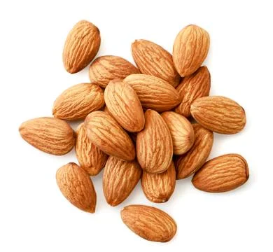 Pile of almonds nuts on a white background. The view from the top Stock Photos