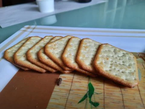 Pile and heap of a rectangle shape Salt Biscuit in a serving plate Stock Photos