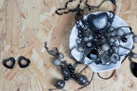 Pile of assorted black chains with shiny box chains, Stock Photos