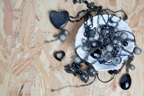 Pile of assorted black chains with shiny box chains, Stock Photos