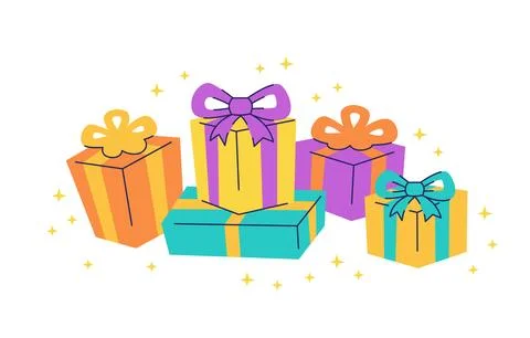 Pile of beautiful gift boxes of different colors and sizes. Vector illustra.. Иллюстрация