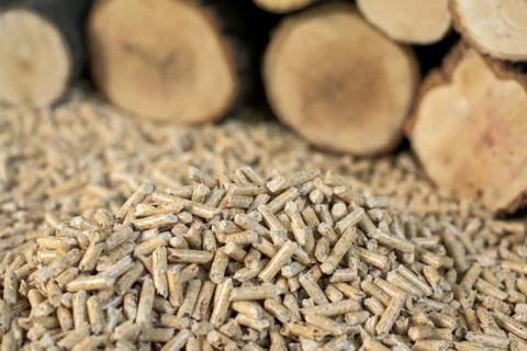 Pile of Beech pellets in front of pile of beech wood Stock Photos