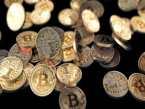 Pile of Bitcoins on a black background Video stock 77514807