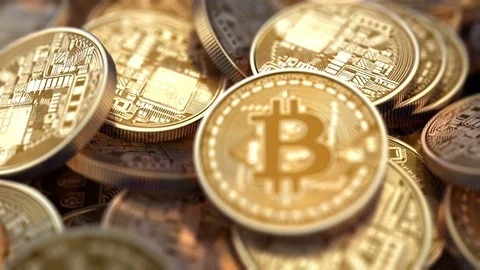 Pile of Bitcoins with changing depth of field Stock Footage 77581298