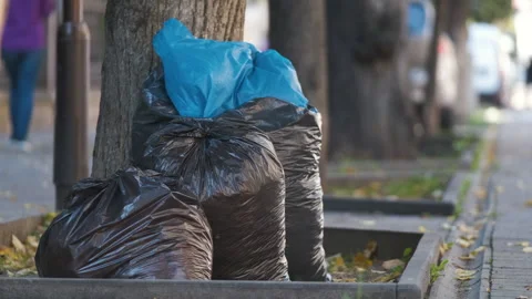Pile of black garbage bags full of litter left for pick up on street side. Trash Stock Footage
