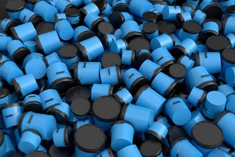 Pile of blue plastic cans or buckets on white background. Stock-Illustration