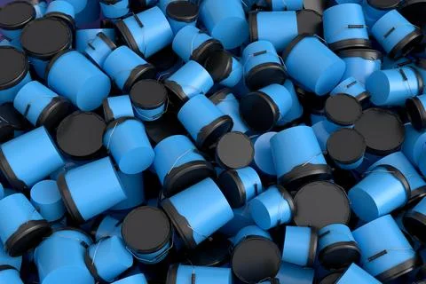 Pile of blue plastic cans or buckets on white background. Illustrazione stock
