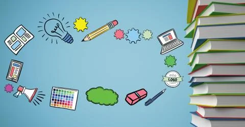 Pile of books and creativity graphics against blue background Stock Illustration