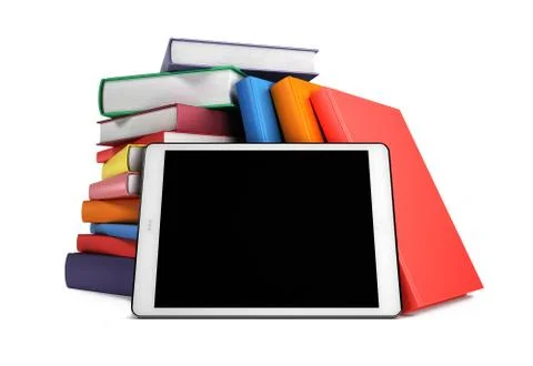 Pile of books with a tablet in the foreground Stock Illustration