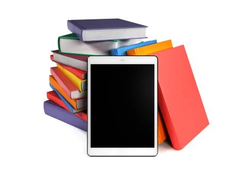 Pile of books with a tablet in the foreground Stock Illustration