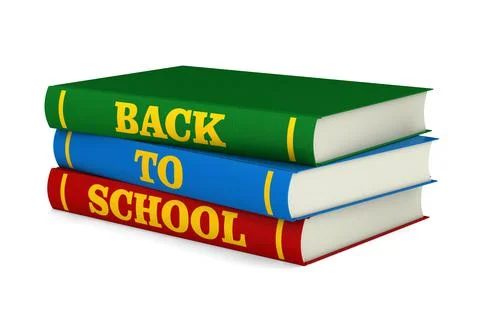Pile books with text back to school on white background. Isolated 3D illustra Stock Illustration