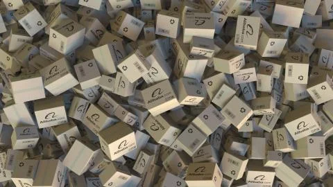 Pile of boxes with ALIBABA logo. Editorial 3D rendering Stock Illustration