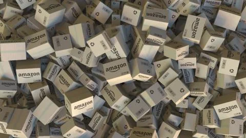 Pile of boxes with AMAZON logo. Editorial 3D rendering Stock Illustration