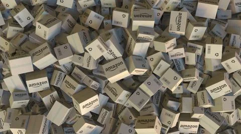Pile of boxes with AMAZON logo. Editorial 3D rendering Stock Illustration