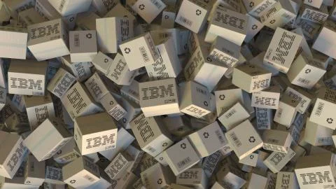 Pile of boxes with IBM logo. Editorial 3D rendering 스톡 일러스트