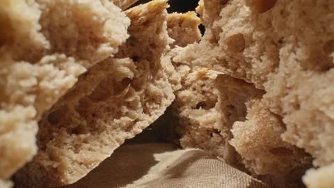 Pile bread pieces. Camera moving through row of fresh breads. Macro Video stock 251723594