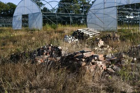 Pile of bricks and construction materials in countryside field, Stock Photos