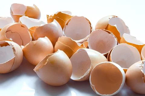 A pile of broken brown egg shells close-up, empty eggs. Stock Photos